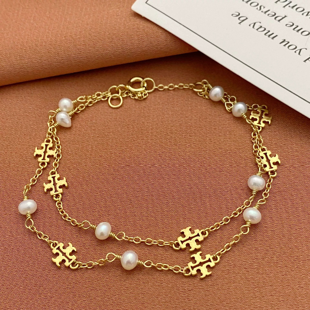 Tory Burch Letter Inlay Pearl Double Layer Bracelet Metal